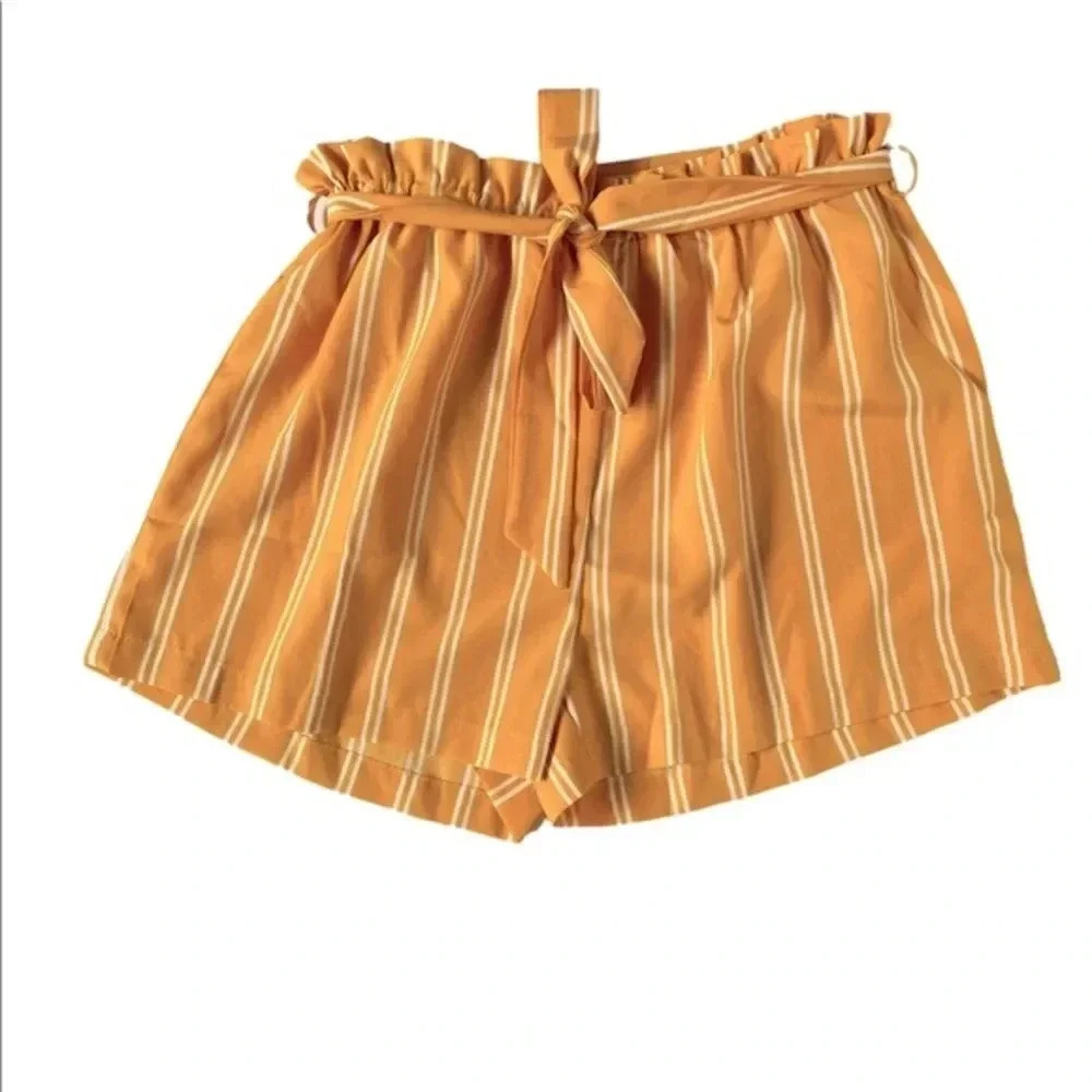 Shein Striped Paperbag Waist Belted Shorts Lot 2-Pack Yellow Pink Large - Picture 4 of 5
